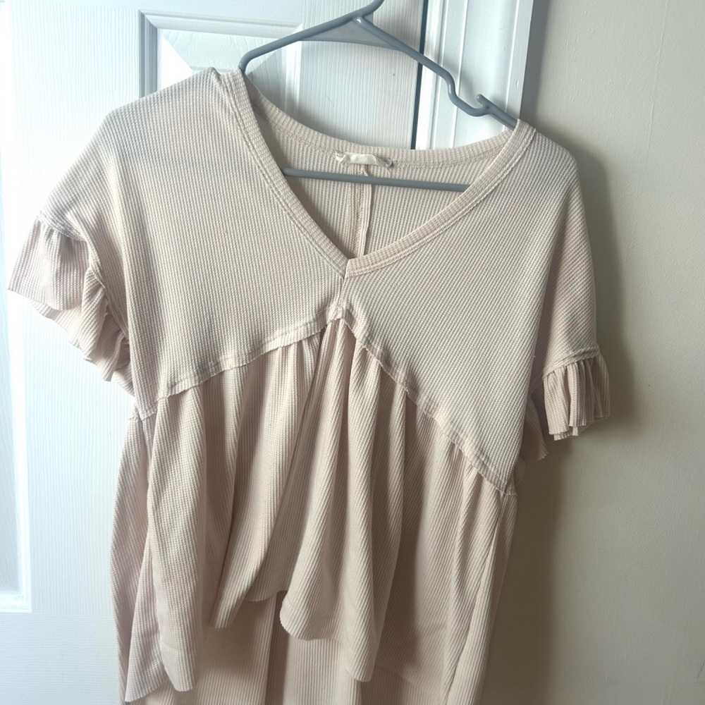 Beige V-Neck Ruffle Sleeve Top